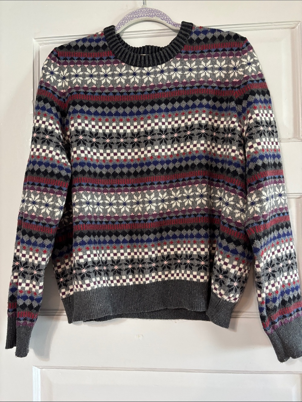 Brooks Brothers Gray Fair Isle Crewneck Sweater with Blue and Burgundy Accents